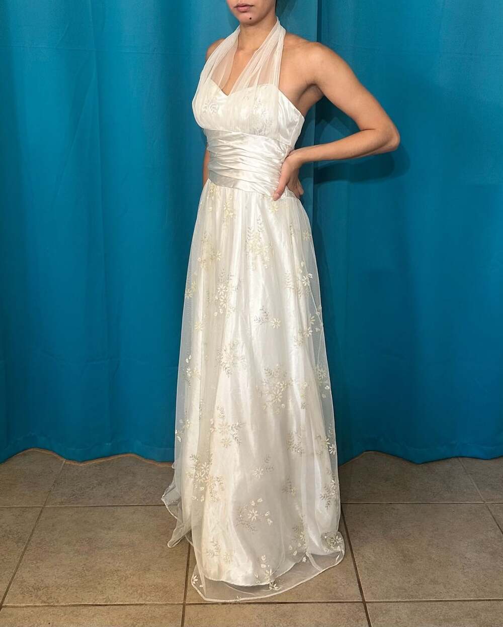 Vintage Y2K Blondie Nites White Tulle Floral Embroidered Halter Prom Dress